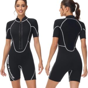 3/2 mm Shorty wetsuit voor dames en heren, ritssluiting aan de voorkant, voor duiken, surfen, korte mouwen, duikpak, stretch neopreen voor watersport