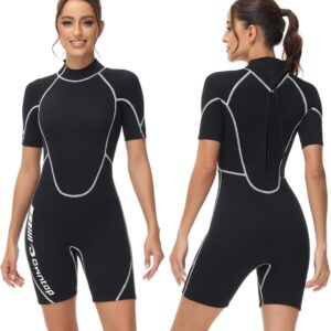 3/2mm Shorty Wetsuit Dames - Achter Rits Wetsuit voor Duiken Surfen, Korte Mouw Duikpakken Stretch Neopreen voor Watersport, Dames Zwart L