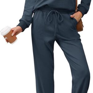 Dames lange mouwen ronde hals effen twee stuks outfit sweatshirt jogger set sweatshirt & broek overall, Navy Blauw, S