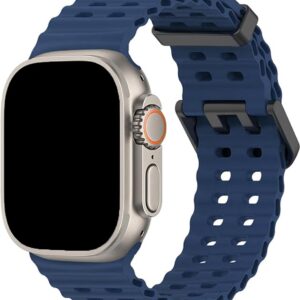 FFO2World Ocean Sport Band - Compatibel met Apple Watch Ultra 2/Ultra Band 49mm 46mm 45mm 44mm 42mm (Series 3/2/1) -Donkerblauw - voor Heren en Dames, Ademende Zachte Silicone Waterdichte Marine Band voor iWatch Series 10 9 SE 8 7 6 5 4 3 2 1