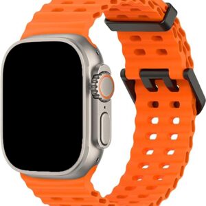 FFO2World Ocean Sport Band - Compatibel met Apple Watch Ultra 2/Ultra Band 49mm 46mm 45mm 44mm 42mm (Series 3/2/1) - Oranje - voor Heren en Dames, Ademende Zachte Silicone Waterdichte Marine Band voor iWatch Series 10 9 SE 8 7 6 5 4 3 2 1