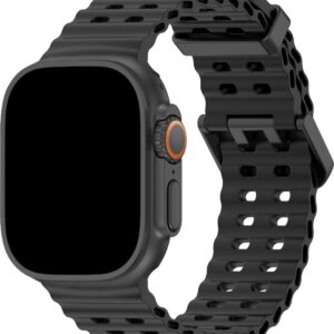 FFO2World Ocean Sport Band - Compatibel met Apple Watch Ultra 2/Ultra Band 49mm 46mm 45mm 44mm 42mm (Series 3/2/1) - Zwart - voor Heren en Dames, Ademende Zachte Silicone Waterdichte Marine Band voor iWatch Series 10 9 SE 8 7 6 5 4 3 2 1