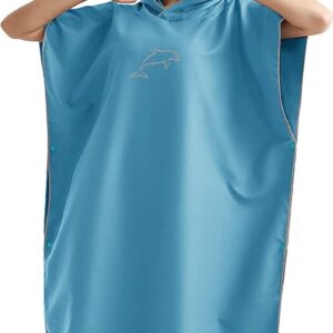 Handdoekponcho, 110 x 80 cm, microvezel, surfponcho, sneldrogend, badponcho, lange omkleedhulp met capuchon voor heren en dames, ideale poncho-handdoek voor strand, branding, surfen, sauna, blauw