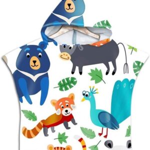 Kinder Badjas Poncho - Handdoek met Capuchon - Na het zwemmen - Zachte Microvezel - 60x60cm - Peacock Lion