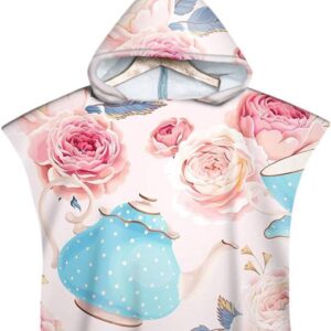 Oduo Kids Hooded Handdoek Poncho, Originele Kinderen Lichtgewicht Microfiber Veranderende Gewaad Hooded Jongens en Meisjes Hooded Badstof Poncho Surf Wetsuit Veranderende (Blauw theepot, 60x80cm)