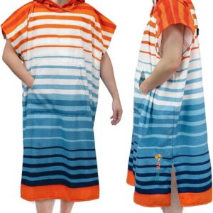 Surf Poncho - Veranderend Gewaad - Watersport Strand - Sneldrogend Microfiber - One Size 44 Inch - Oranje Blauw Gestreept