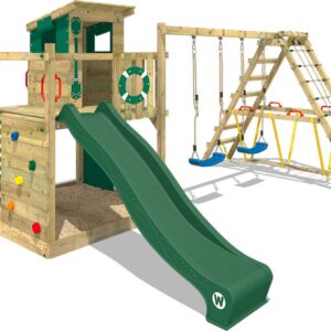 WICKEY speeltoestel klimtoestel Smart Surf met schommel & groene glijbaan, outdoor klimtoren voor kinderen met zandbak, ladder & speelaccessoires voor de tuin
