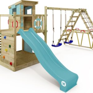 WICKEY speeltoestel klimtoestel Smart Surf met schommel & pastelblauwe glijbaan, outdoor klimtoren voor kinderen met zandbak, ladder & speelaccessoires voor de tuin