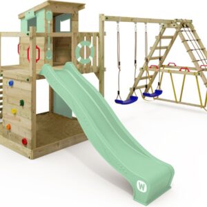 WICKEY speeltoestel klimtoestel Smart Surf met schommel & pastelgroene glijbaan, outdoor klimtoren voor kinderen met zandbak, ladder & speelaccessoires voor de tuin