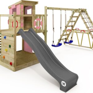 WICKEY speeltoestel klimtoestel Smart Surf met schommel & pastelroze glijbaan, outdoor klimtoren voor kinderen met zandbak, ladder & speelaccessoires voor de tuin