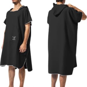Winthome Badponcho, microvezel poncho, handdoek, sneldrogend, badjas, compact, licht, om te kleden, strand, zwemmen, watersport (zwart, M)