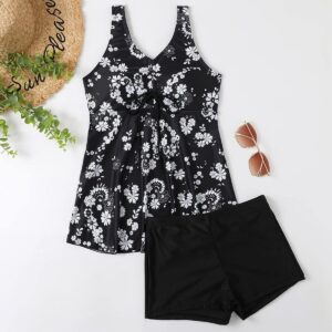 Women's Tankini with Shorts UK Sale, 2 Piece Tankinis Ruffled Padded Boyleg Swim Trunks, High Waist, Tummy Control Swimwear, Hawaiian Floral Print Swimsuits